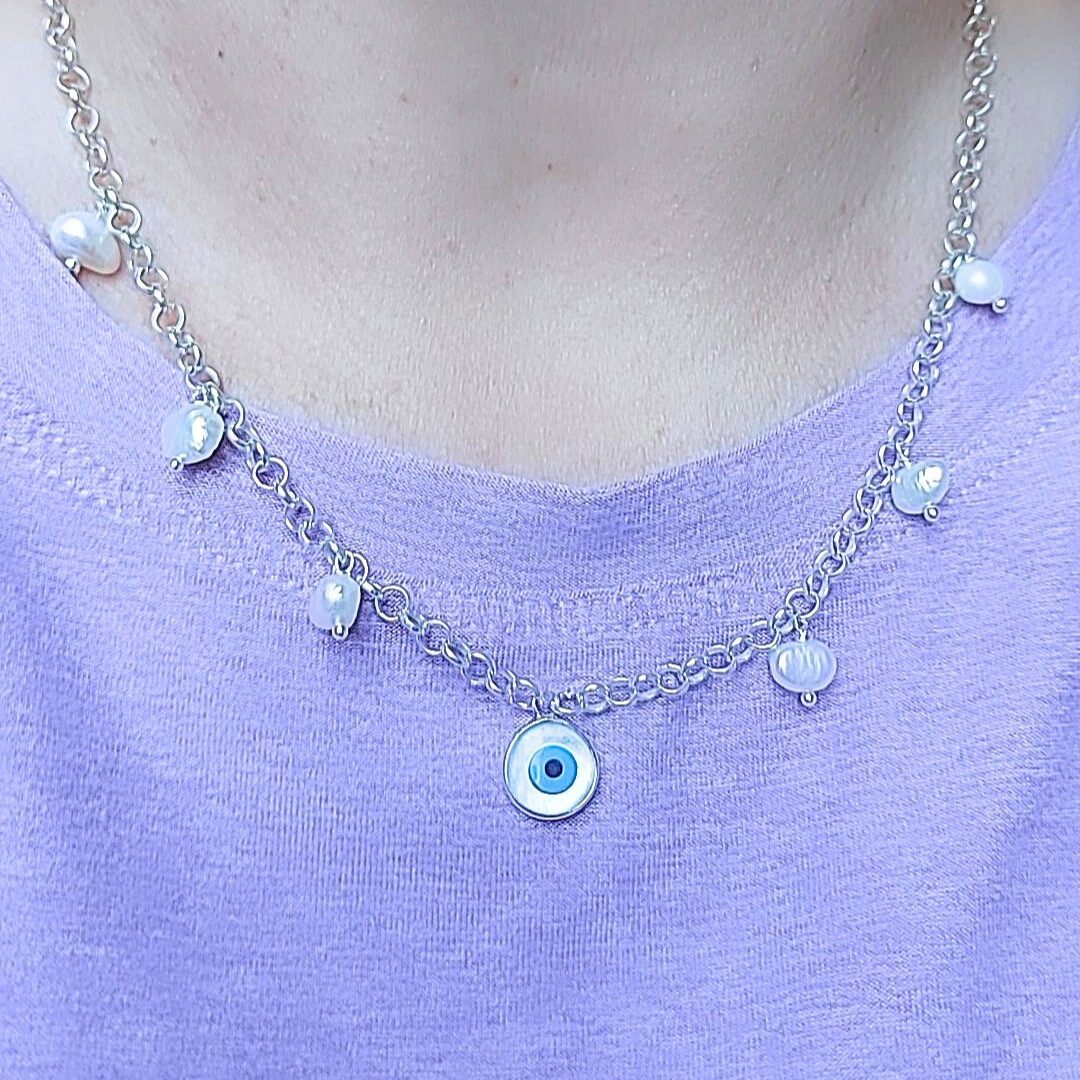 COLAR OLHO GREGO E PÉROLA